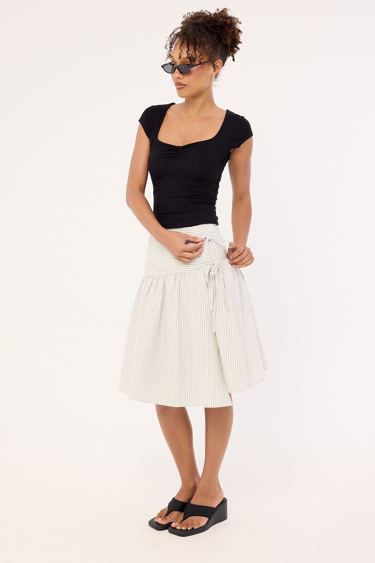 Perfect Stranger Mysti Wrap Midi Skirt White and Black Stripe