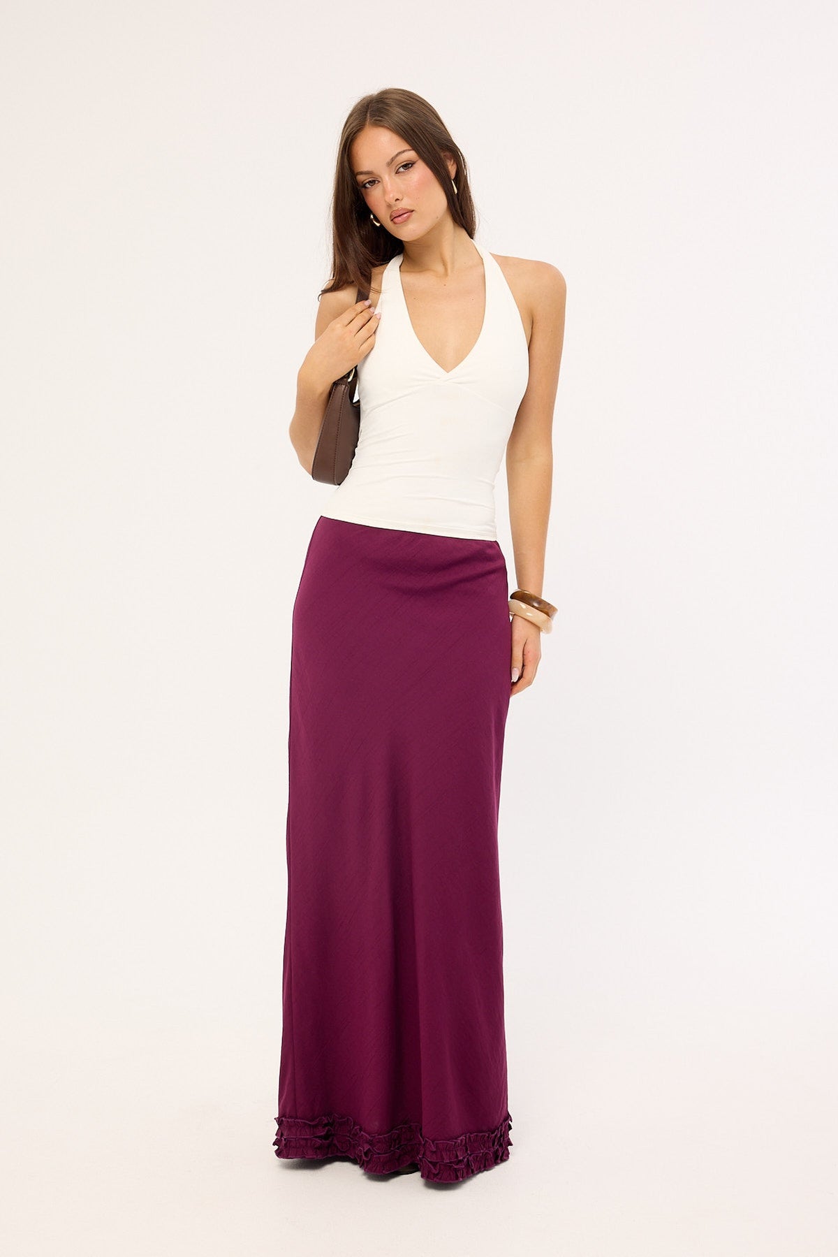 Perfect Stranger Jada Frill Maxi Skirt Plum