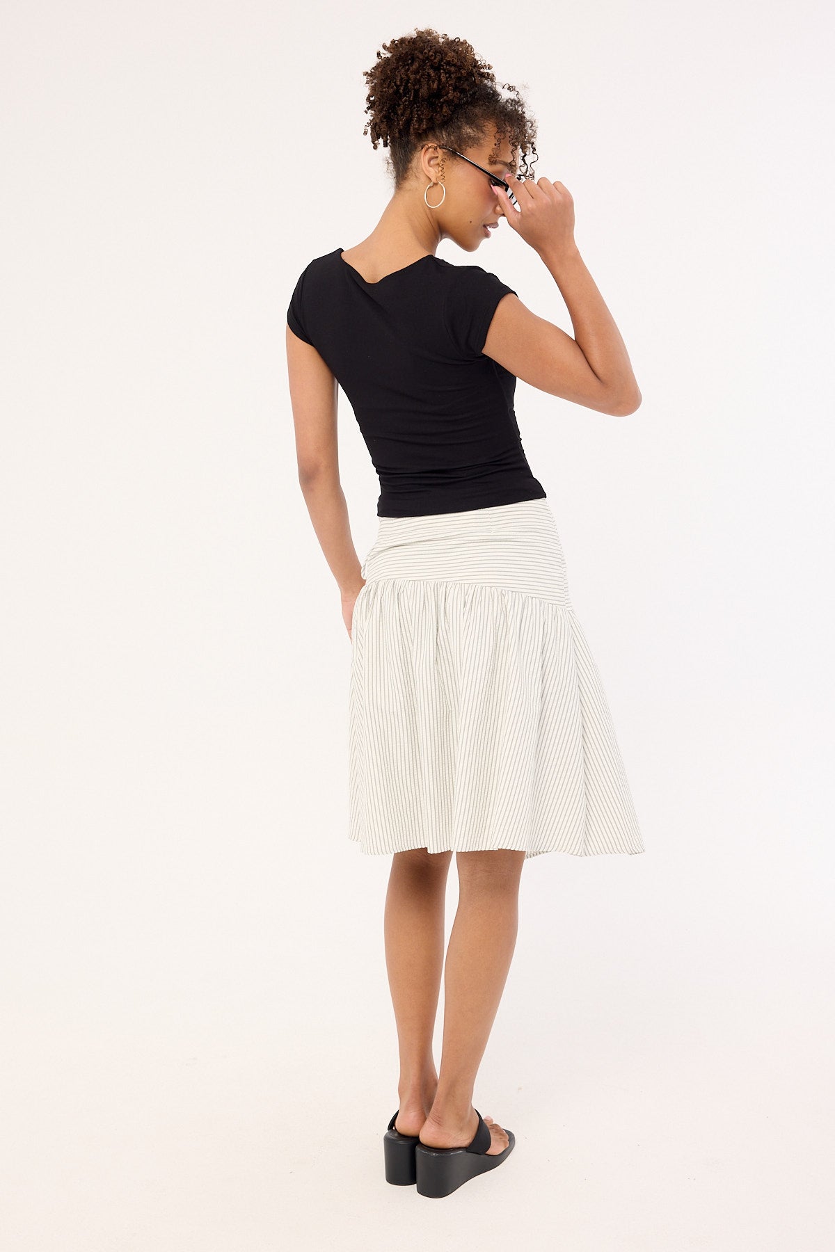 Perfect Stranger Mysti Wrap Midi Skirt White and Black Stripe