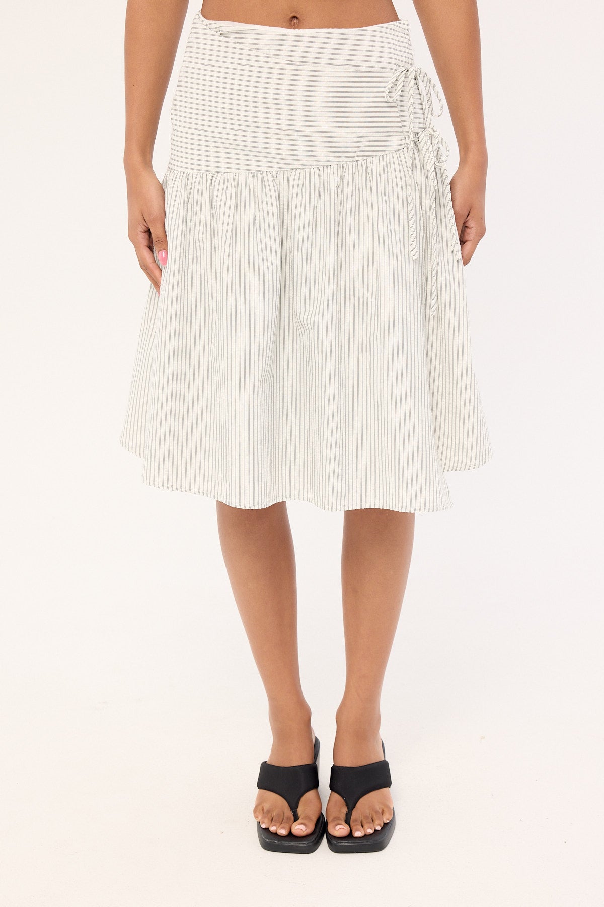 Perfect Stranger Mysti Wrap Midi Skirt White and Black Stripe
