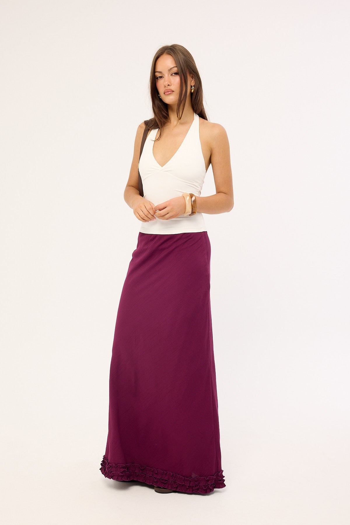 Perfect Stranger Jada Frill Maxi Skirt Plum