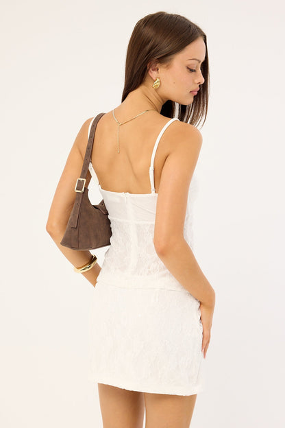 Luck & Trouble Celina Sequin Lace Mini Skirt White